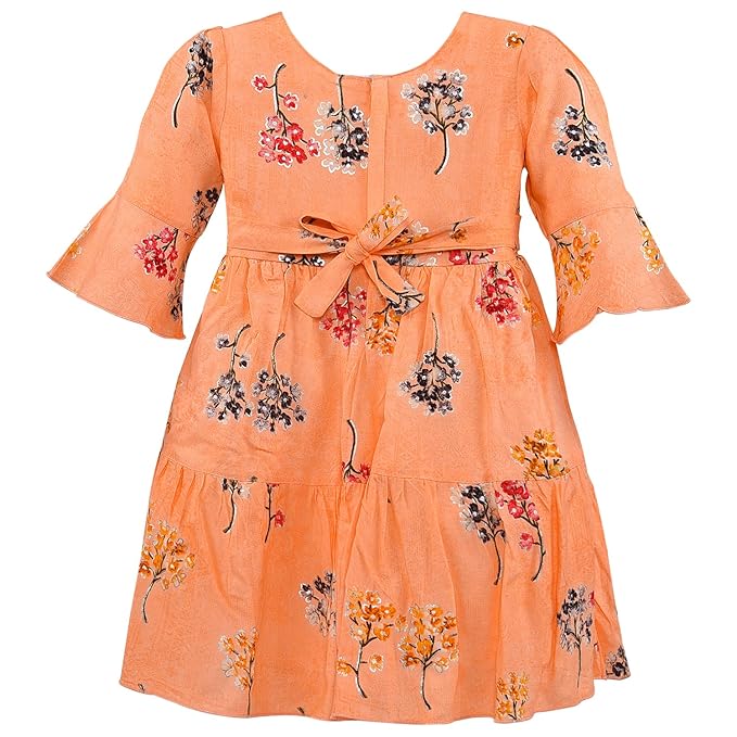 Girls Cotton Floral Printed Fit & Flare Dress with Bell Sleeves | Soft & Breathable Kids Casual Party Dress