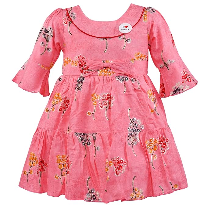 Girls Cotton Floral Printed Fit & Flare Dress with Bell Sleeves | Soft & Breathable Kids Casual Party Dress