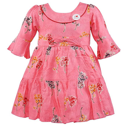Girls Cotton Floral Printed Fit & Flare Dress with Bell Sleeves | Soft & Breathable Kids Casual Party Dress