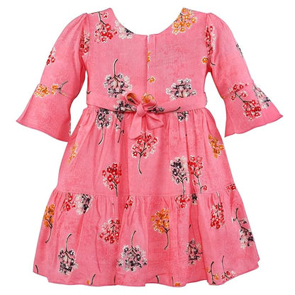 Girls Cotton Floral Printed Fit & Flare Dress with Bell Sleeves | Soft & Breathable Kids Casual Party Dress