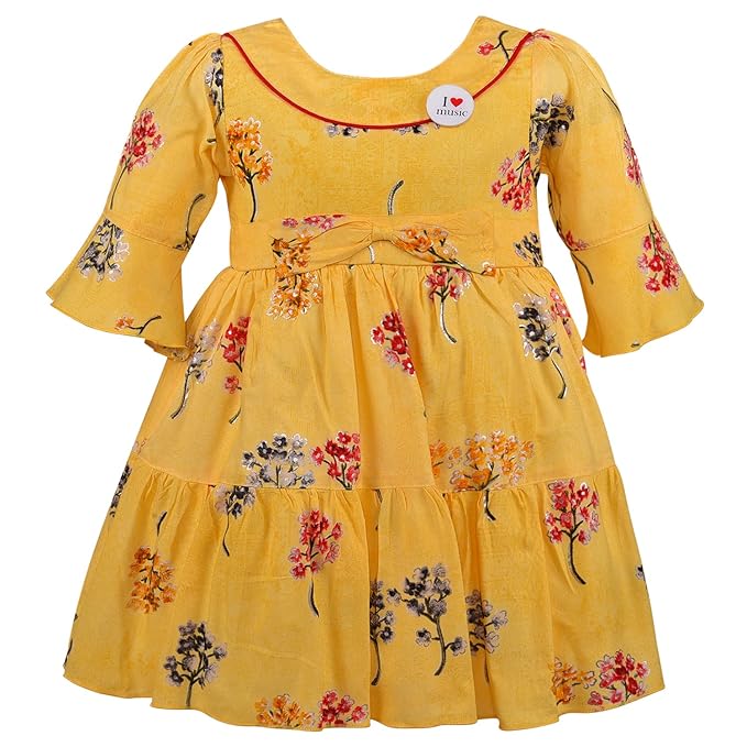 Girls Cotton Floral Printed Fit & Flare Dress with Bell Sleeves | Soft & Breathable Kids Casual Party Dress