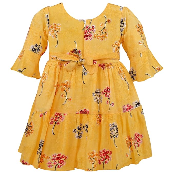 Girls Cotton Floral Printed Fit & Flare Dress with Bell Sleeves | Soft & Breathable Kids Casual Party Dress