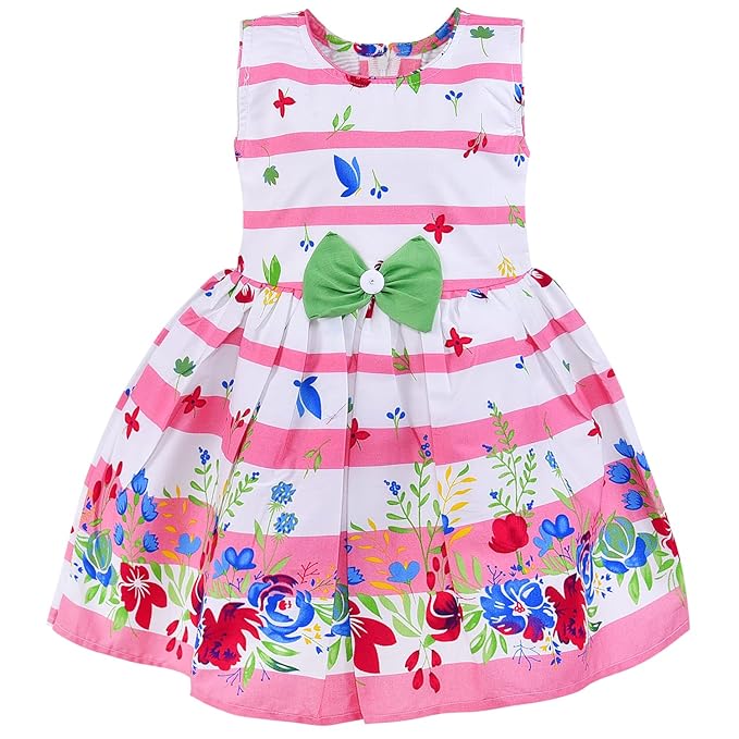 Girls Yellow & White Striped Floral Cotton Dress with Waist Bow
