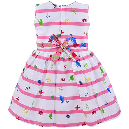Girls Yellow & White Striped Floral Cotton Dress with Waist Bow