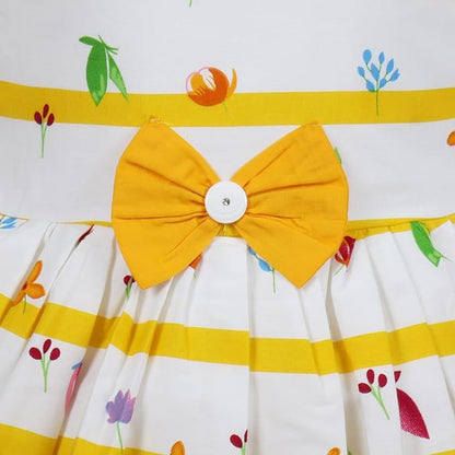 Girls Yellow & White Striped Floral Cotton Dress with Waist Bow