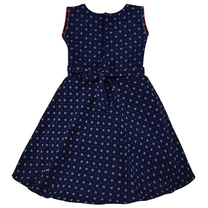 Girls White & Navy Blue Cotton Printed Sleeveless Dress with Floral Detail | Soft & Breathable Kids Casual Party Dress