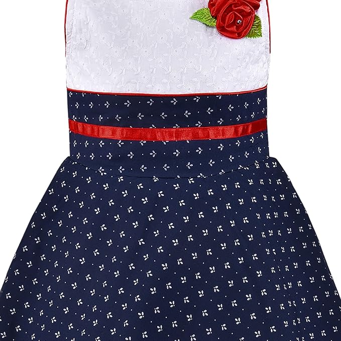 Girls White & Navy Blue Cotton Printed Sleeveless Dress with Floral Detail | Soft & Breathable Kids Casual Party Dress
