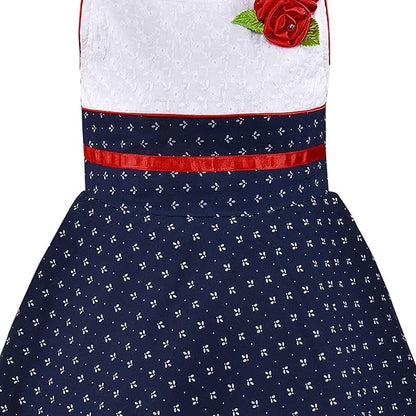 Girls White & Navy Blue Cotton Printed Sleeveless Dress with Floral Detail | Soft & Breathable Kids Casual Party Dress
