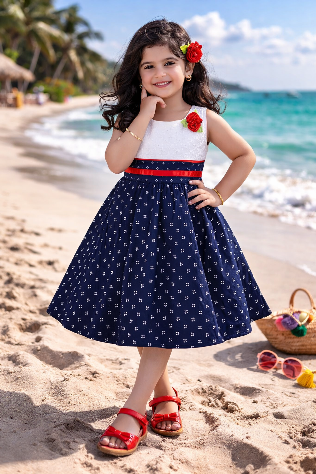 Girls White & Navy Blue Cotton Printed Sleeveless Dress with Floral Detail | Soft & Breathable Kids Casual Party Dress