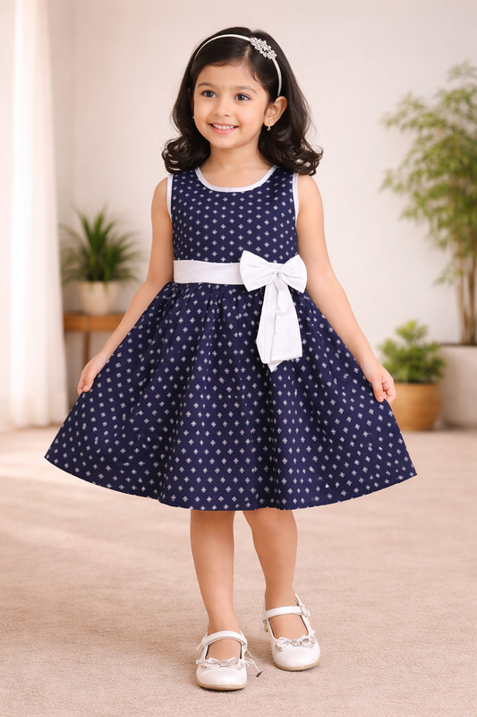 Girls Cotton Printed Sleeveless Frock with Bow – Summer Wear Dress