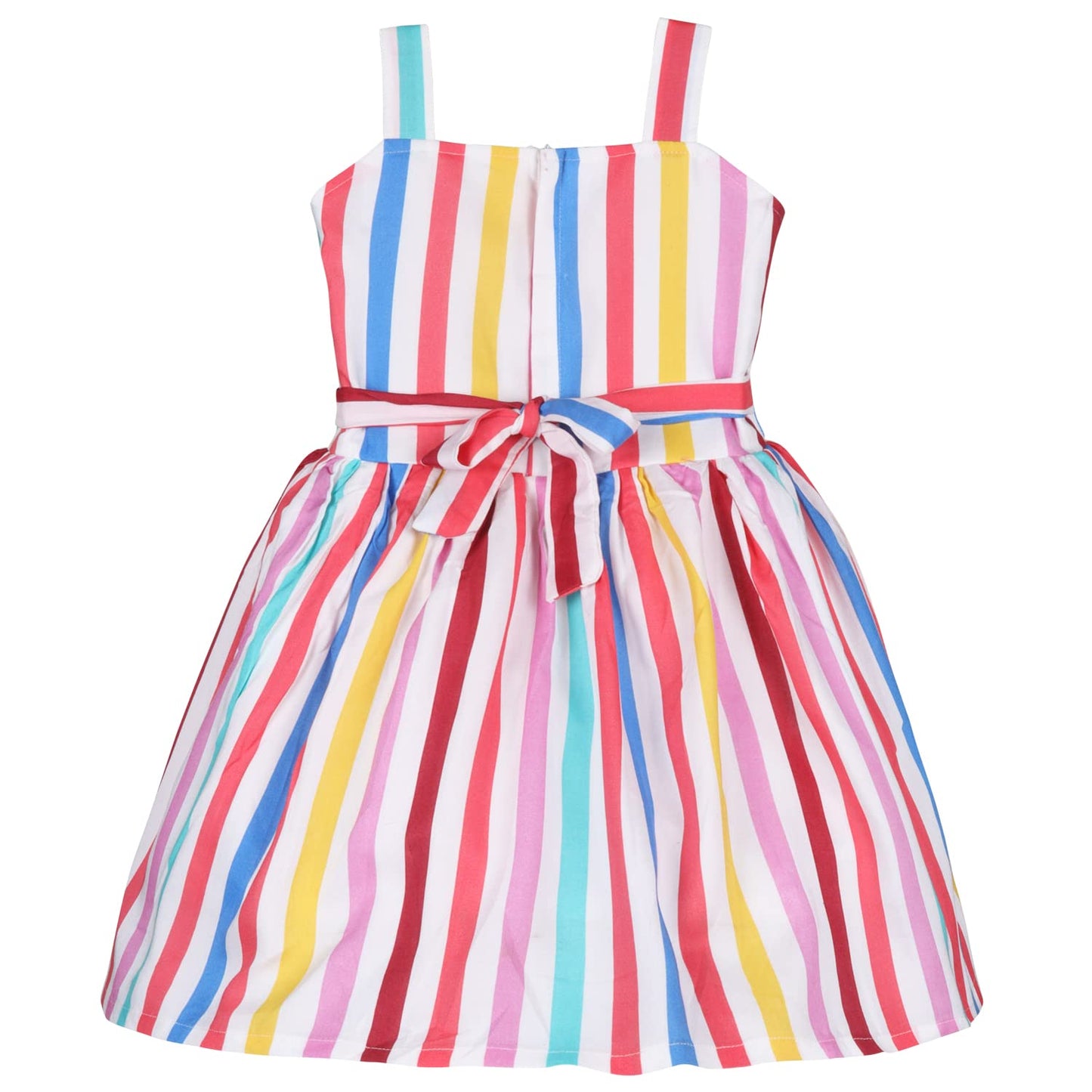 Girls Multicolor Cotton Striped Sleeveless Dress with Bow | Soft & Breathable Kids Casual Party Dress