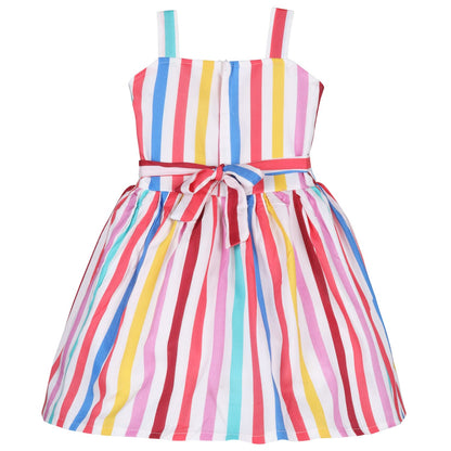Girls Multicolor Cotton Striped Sleeveless Dress with Bow | Soft & Breathable Kids Casual Party Dress