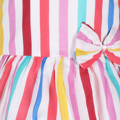 Girls Multicolor Cotton Striped Sleeveless Dress with Bow | Soft & Breathable Kids Casual Party Dress