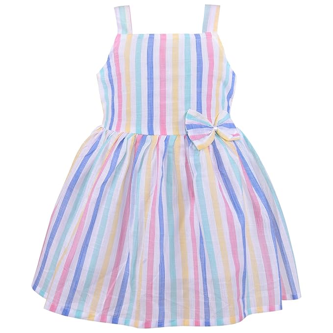 Girls Multicolor Cotton Striped Sleeveless Dress with Bow | Soft & Breathable Kids Casual Party Dress