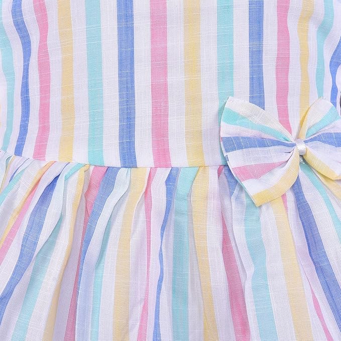 Girls Multicolor Cotton Striped Sleeveless Dress with Bow | Soft & Breathable Kids Casual Party Dress