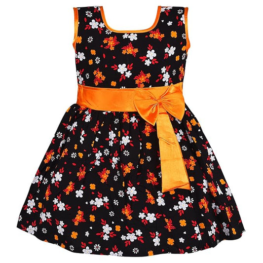 Girls Black Cotton Floral Printed Sleeveless Dress with Bow | Soft & Breathable Kids Casual Party Dress