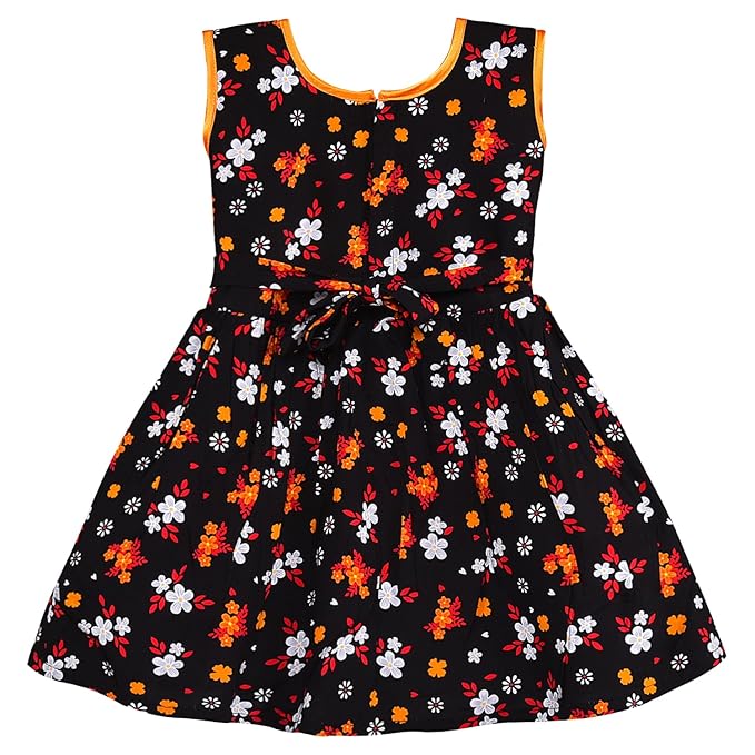 Girls Black Cotton Floral Printed Sleeveless Dress with Bow | Soft & Breathable Kids Casual Party Dress