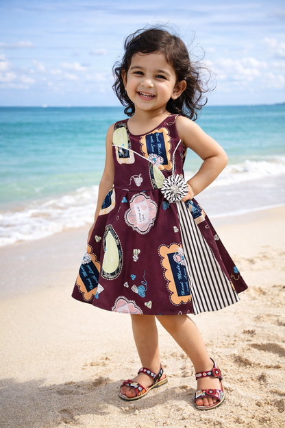 Girls Cotton Printed Party Wear Dress with Stripe Panel & Floral Accent – Soft & Comfortable
