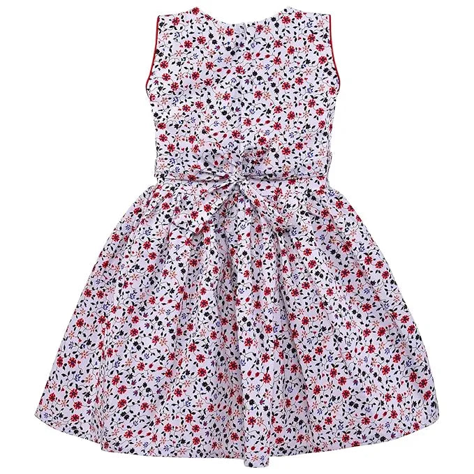 Girls Cotton Printed Party Wear Dress with Stripe Panel & Floral Accent – Soft & Comfortable
