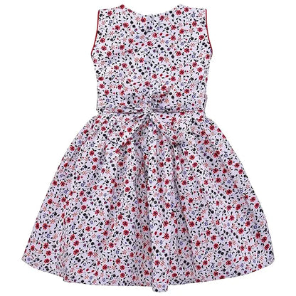 Girls Cotton Printed Party Wear Dress with Stripe Panel & Floral Accent – Soft & Comfortable