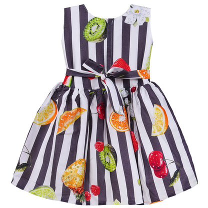 Girls Multicolor Cotton Printed Sleeveless Dress with Bow | Striped Fruit Print Kids Casual Party Dress