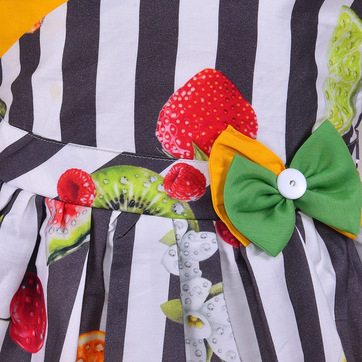 Girls Multicolor Cotton Printed Sleeveless Dress with Bow | Striped Fruit Print Kids Casual Party Dress