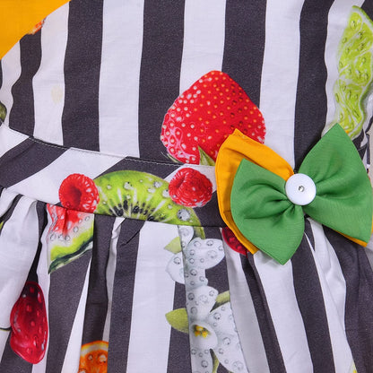Girls Multicolor Cotton Printed Sleeveless Dress with Bow | Striped Fruit Print Kids Casual Party Dress