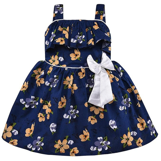 Girls Cotton Floral Printed Party Wear Dress with Bow Detail – Soft & Comfortable