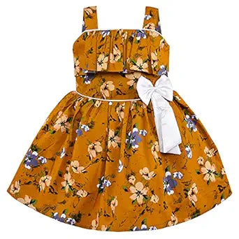 Girls Cotton Floral Printed Party Wear Dress with Bow Detail – Soft & Comfortable