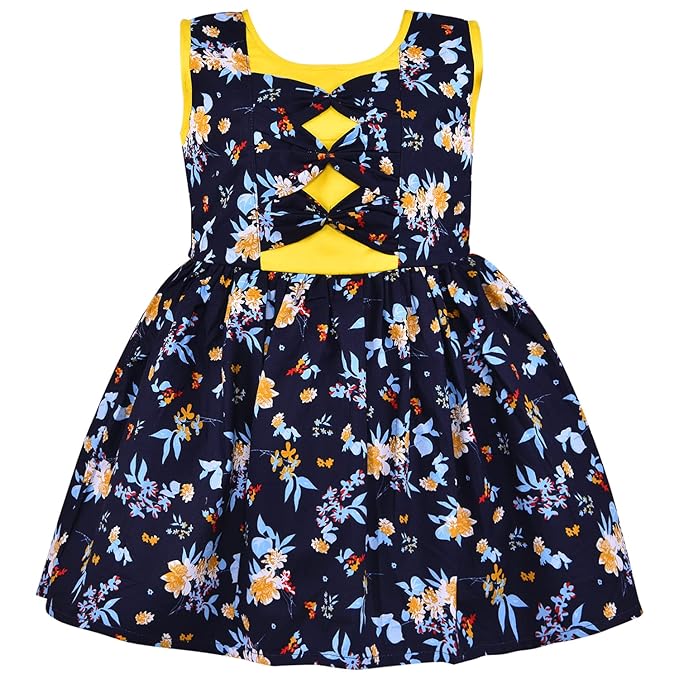Girls Navy Blue Cotton Floral Printed Sleeveless Dress with Bow Detail | Soft & Breathable Kids Casual Party Dress