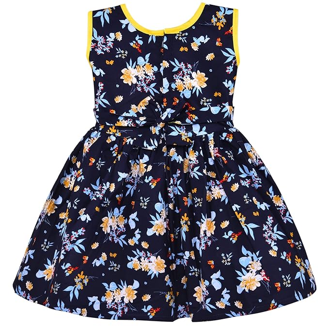 Girls Navy Blue Cotton Floral Printed Sleeveless Dress with Bow Detail | Soft & Breathable Kids Casual Party Dress