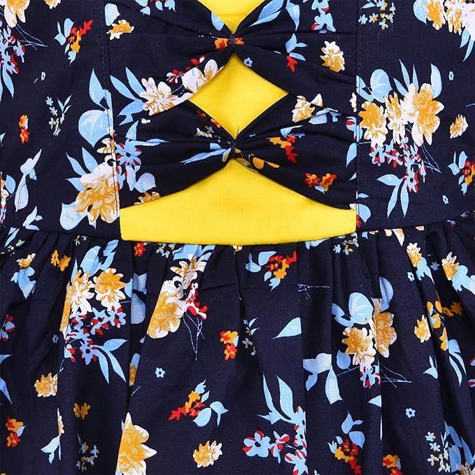 Girls Navy Blue Cotton Floral Printed Sleeveless Dress with Bow Detail | Soft & Breathable Kids Casual Party Dress