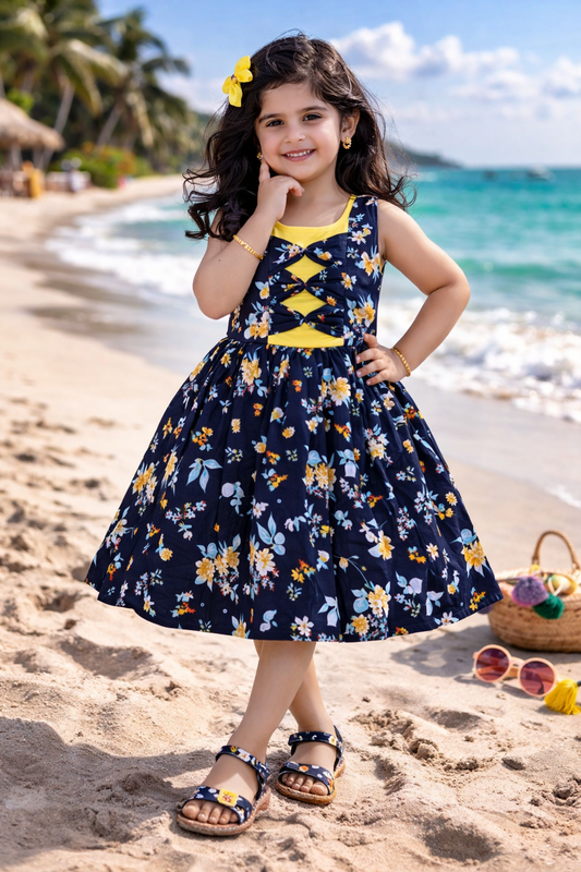 Girls Navy Blue Cotton Floral Printed Sleeveless Dress with Bow Detail | Soft & Breathable Kids Casual Party Dress