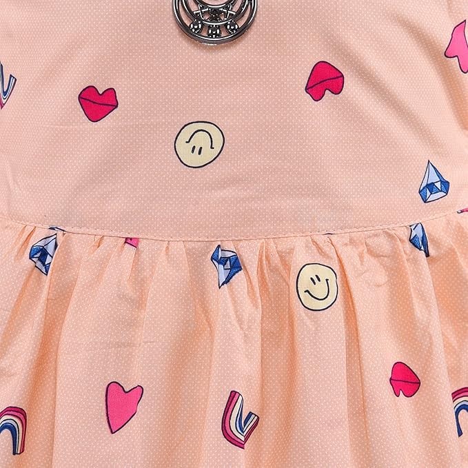 Peach Printed Cotton Sleeveless Girls Dress with Cute Heart & Diamond Pattern