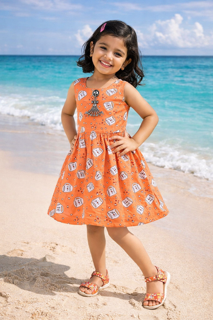 Girls Printed Cotton Sleeveless Dress