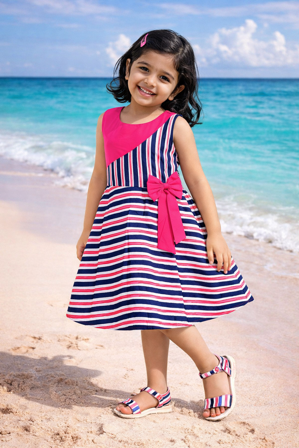 Girls Striped Cotton Sleeveless Dress with Bow Detail