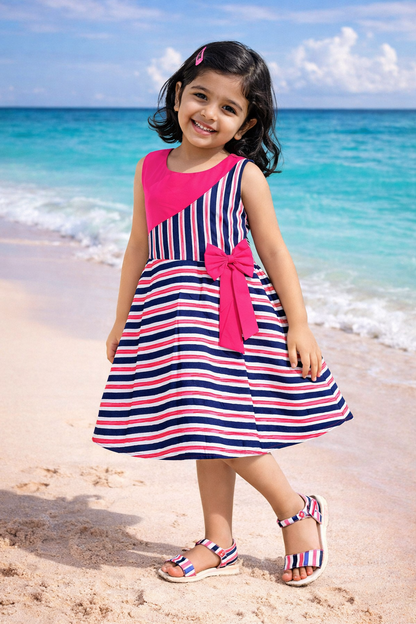 Girls Striped Cotton Sleeveless Dress with Bow Detail