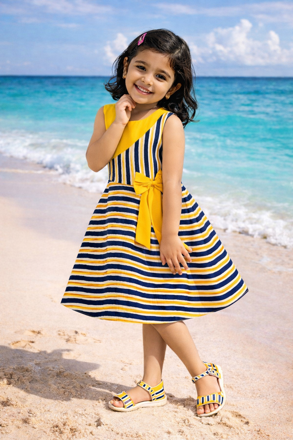 Girls Striped Cotton Sleeveless Dress with Bow Detail