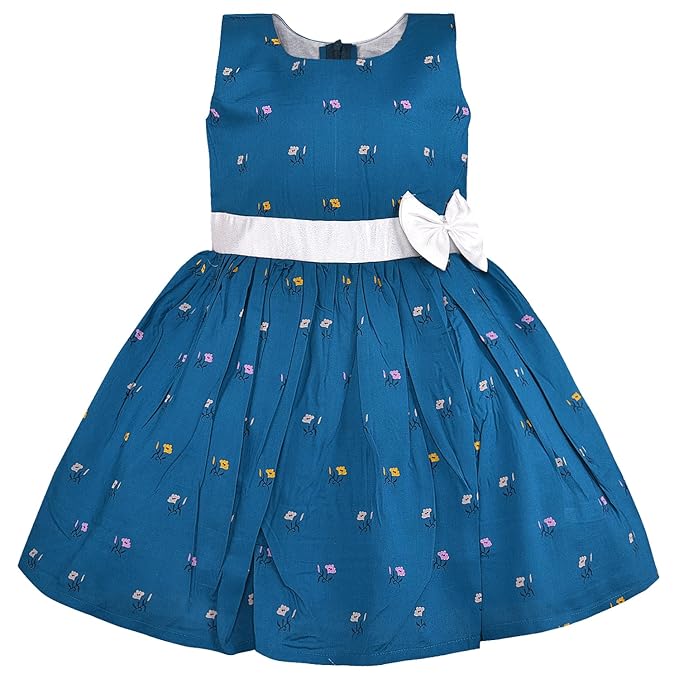 Girls Blue Floral Printed Cotton Sleeveless Dress with White Waist Belt & Bow