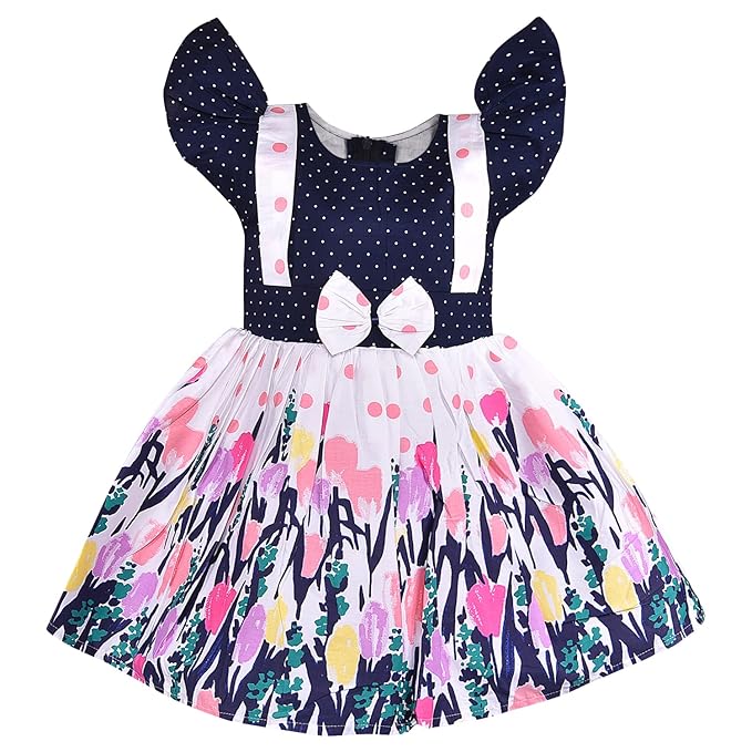 Girls Navy Polka Dot Cotton Flutter Sleeve Dress with Printed Flared Skirt