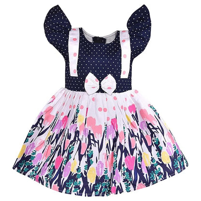 Girls Navy Polka Dot Cotton Flutter Sleeve Dress with Printed Flared Skirt