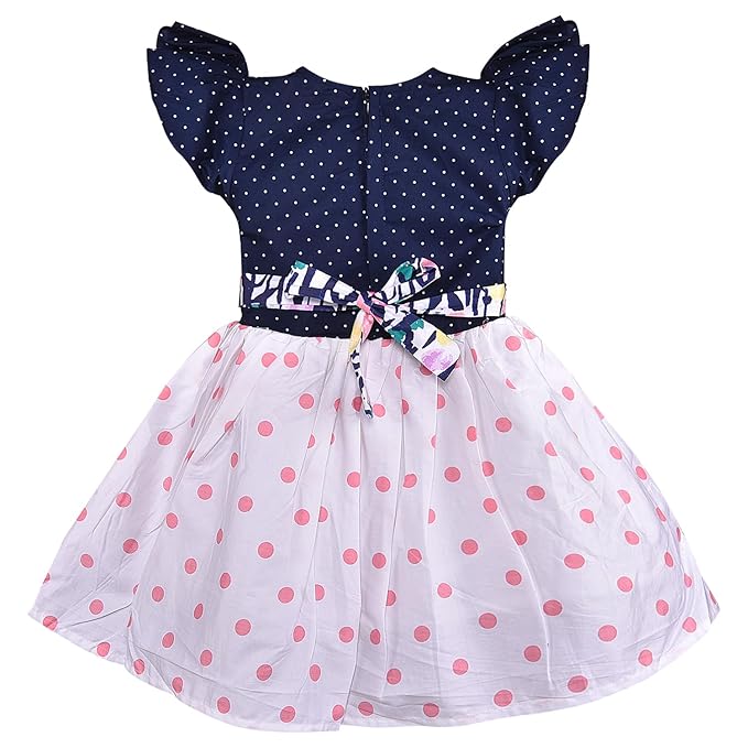 Girls Navy Polka Dot Cotton Flutter Sleeve Dress with Printed Flared Skirt