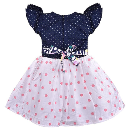 Girls Navy Polka Dot Cotton Flutter Sleeve Dress with Printed Flared Skirt