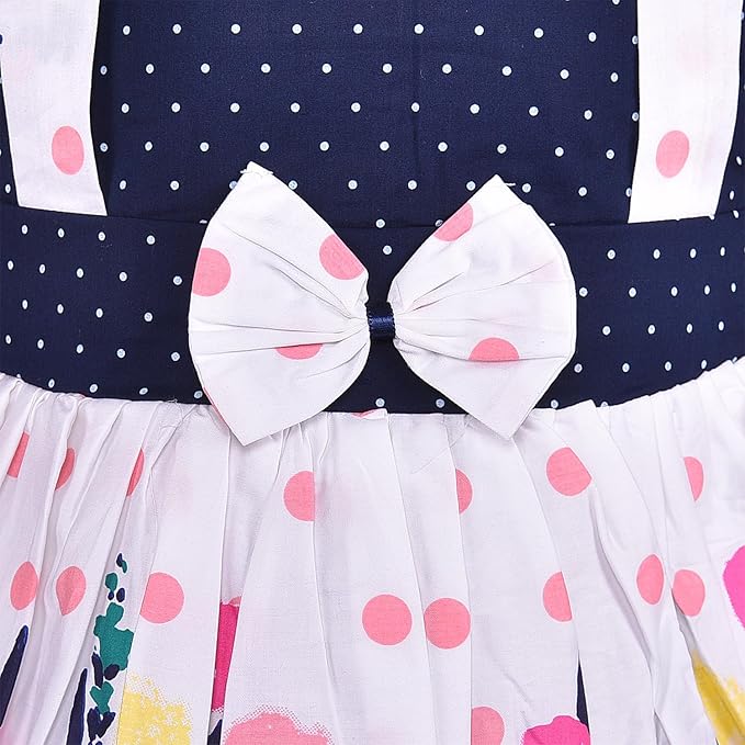 Girls Navy Polka Dot Cotton Flutter Sleeve Dress with Printed Flared Skirt