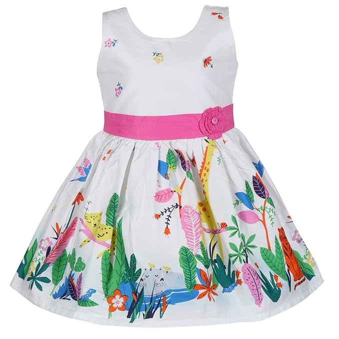 Girls White Jungle Print Cotton Sleeveless Dress with Pink Waist Belt