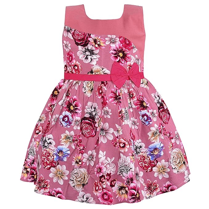 Girls Pink Floral Printed Cotton Sleeveless Dress with Waist Bow Detail
