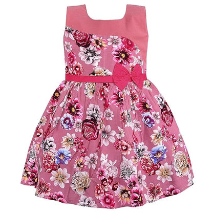 Girls Pink Floral Printed Cotton Sleeveless Dress with Waist Bow Detail