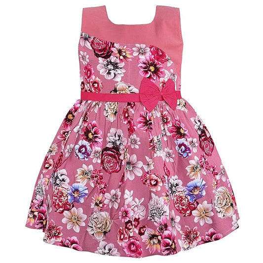 Girls Pink Floral Printed Cotton Sleeveless Dress with Waist Bow Detail