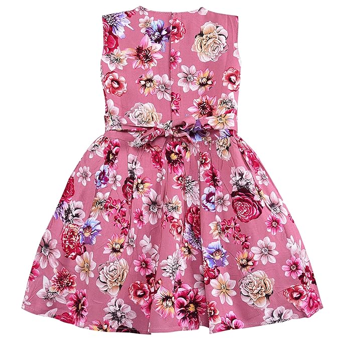 Girls Pink Floral Printed Cotton Sleeveless Dress with Waist Bow Detail