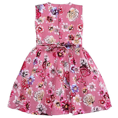 Girls Pink Floral Printed Cotton Sleeveless Dress with Waist Bow Detail
